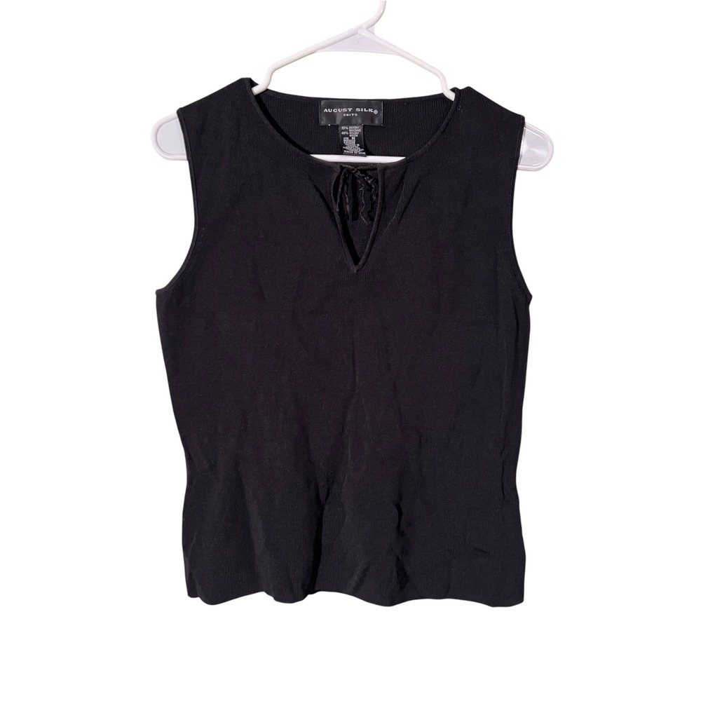 August Silk Women's Sz Medium Sleeveless Knit Top Black Ribbed Keyhole Tie Rayon